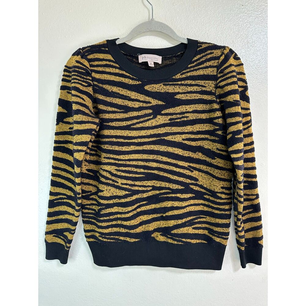 Philosophy Women's 3-D Tiger Striped Knit Sweater Size M Gold/Black